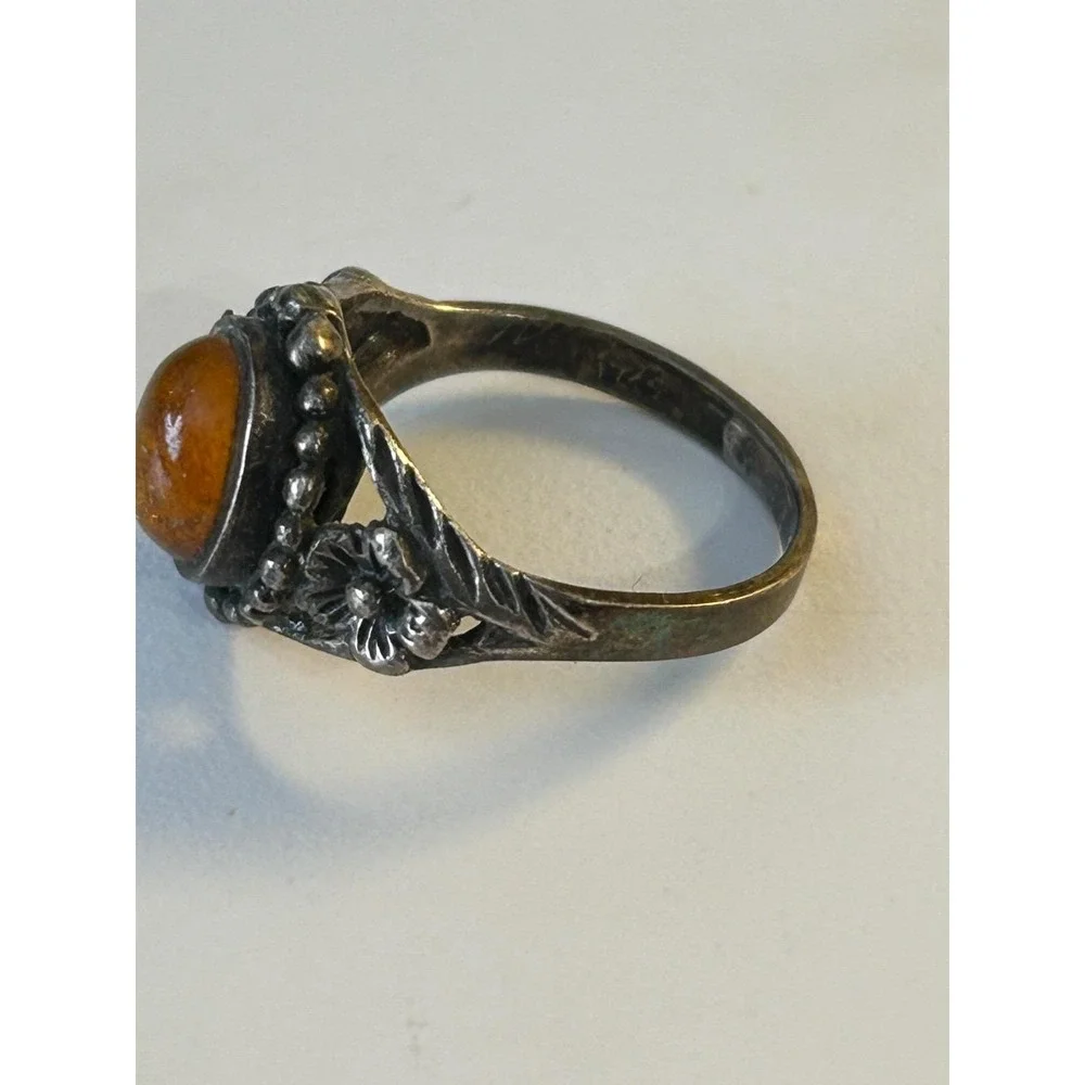 Vintage Sterling Silver Genuine Amber Stone Ring Two Tone Size 6 1/2